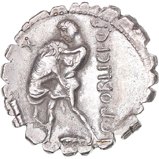 kovanec,
C. Poblicij Q.f.,
Denarius Serratus