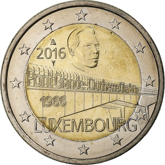 Luksemburg, 
  
  2 evra, 
  
  50 let velike vojvodinje Charlotte Bridge